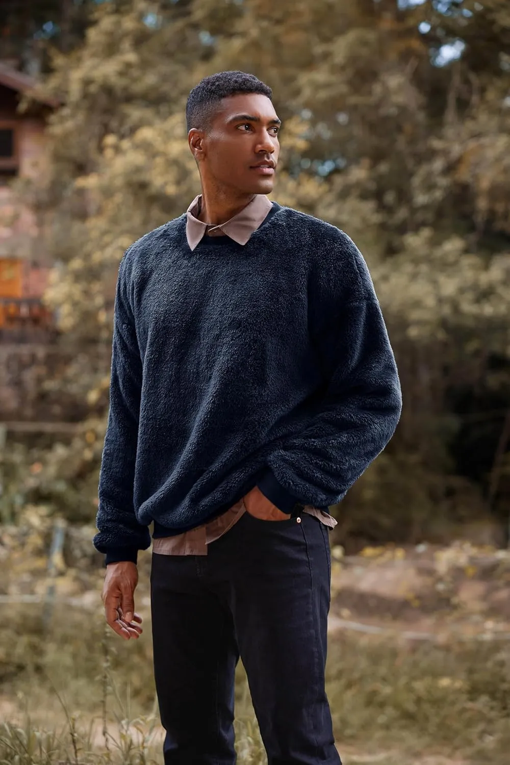 Pengfei Mens Fuzzy Sherpa Pullover Sweatshirts Long Sleeve Fleece Fluffy Crew Neck Fall Winter Warm Outwears