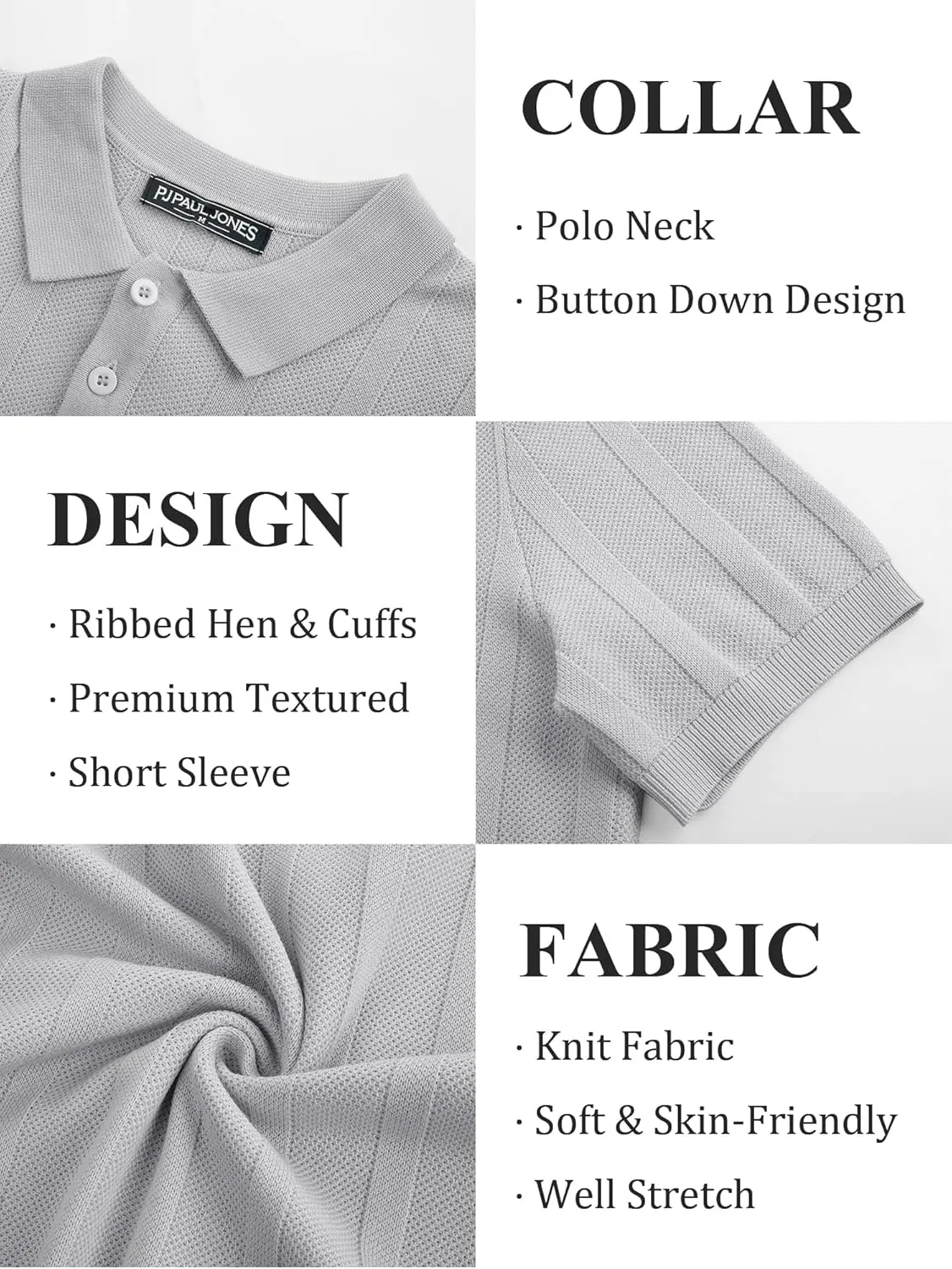 PJ PAUL JONES Mens Polo Shirts Short Sleeve Textured Knit Polo Shirt Ribbed Casual Golf Shirts