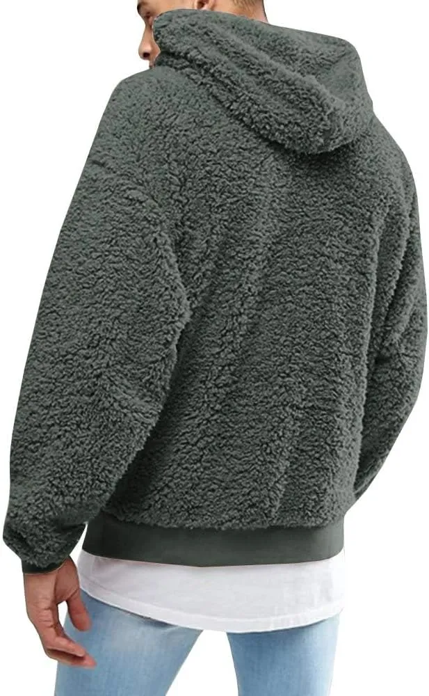 Runcati Mens Fuzzy Sherpa Pullover Hoodie Sweatshirts Long Sleeve Sport Front Pocket Military Fall Outwear Winter Hooded
