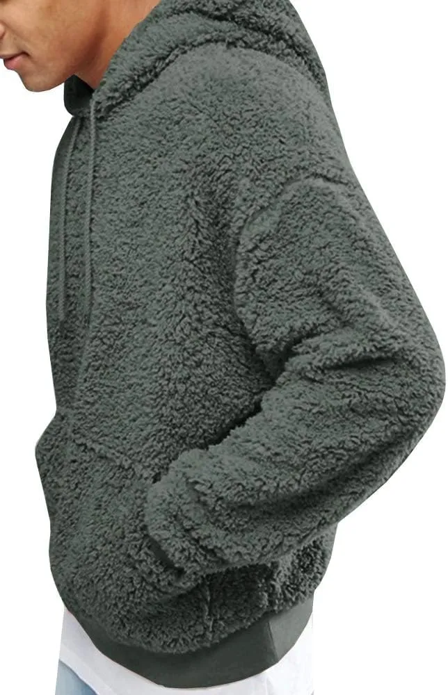 Runcati Mens Fuzzy Sherpa Pullover Hoodie Sweatshirts Long Sleeve Sport Front Pocket Military Fall Outwear Winter Hooded