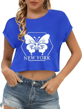 Summer Short Sleeve Crop Tops Womens Crewneck Roll Cap Sleeve T Shirts Loose Fit Basic Tees