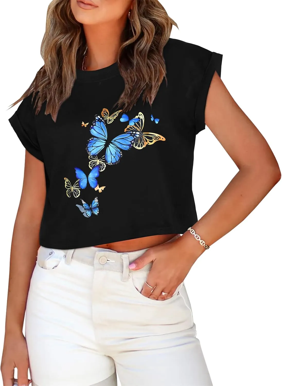 Summer Short Sleeve Crop Tops Womens Crewneck Roll Cap Sleeve T Shirts Loose Fit Basic Tees