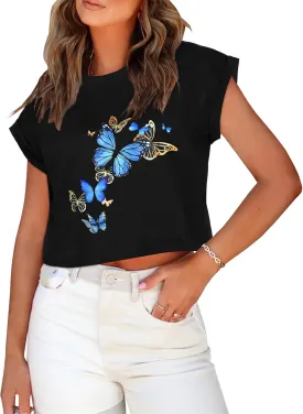 Summer Short Sleeve Crop Tops Womens Crewneck Roll Cap Sleeve T Shirts Loose Fit Basic Tees