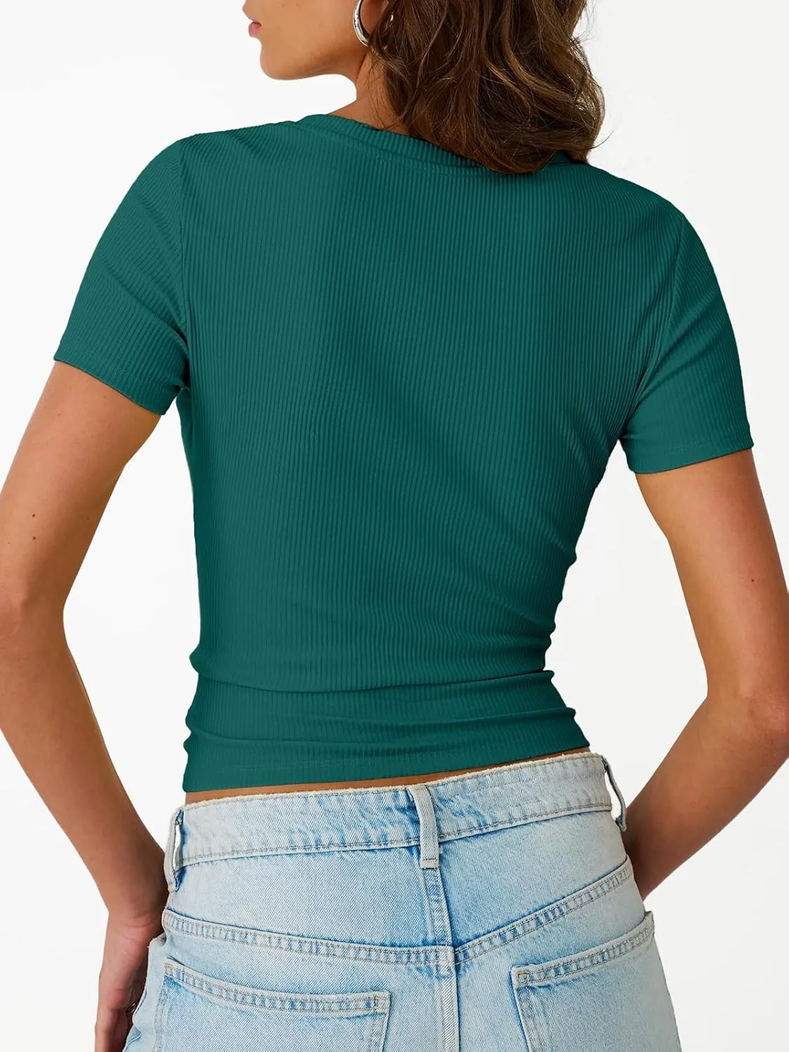 Trendy Queen Womens Short Sleeve Shirts Crewneck Ribbed Knit Slim Fitted T-Shirt Summer Basic Tee 2025 Tops