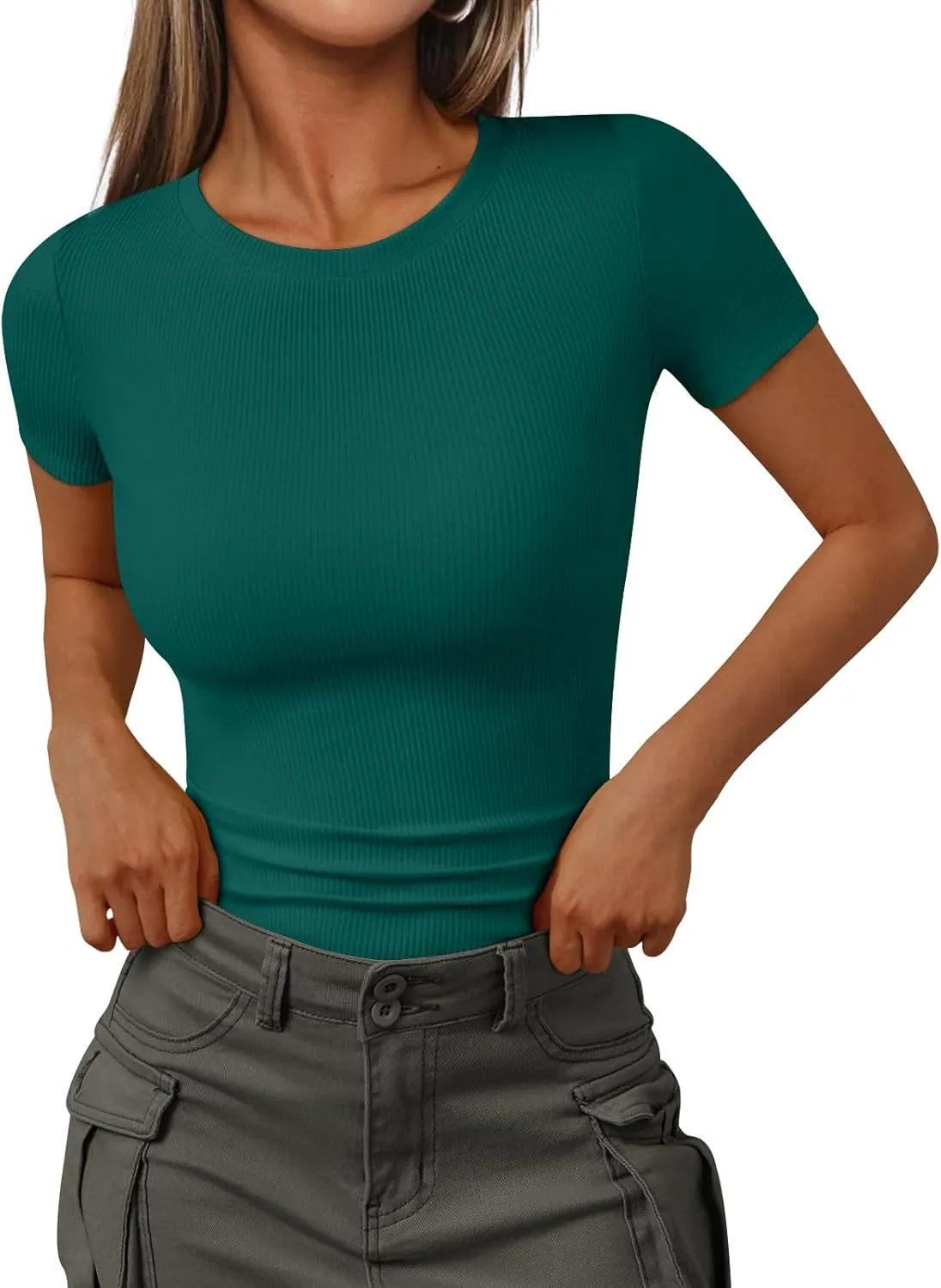 Trendy Queen Womens Short Sleeve Shirts Crewneck Ribbed Knit Slim Fitted T-Shirt Summer Basic Tee 2025 Tops