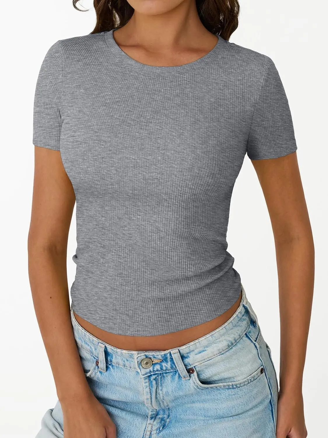 Trendy Queen Womens Short Sleeve Shirts Crewneck Ribbed Knit Slim Fitted T-Shirt Summer Basic Tee 2025 Tops