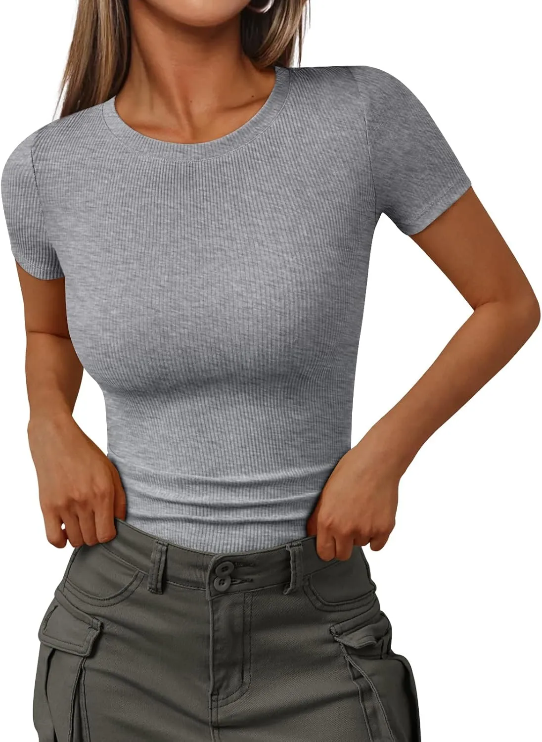 Trendy Queen Womens Short Sleeve Shirts Crewneck Ribbed Knit Slim Fitted T-Shirt Summer Basic Tee 2025 Tops