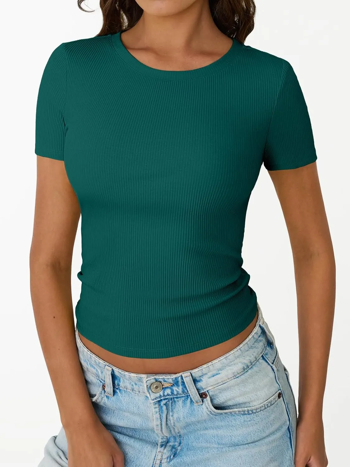 Trendy Queen Womens Short Sleeve Shirts Crewneck Ribbed Knit Slim Fitted T-Shirt Summer Basic Tee 2025 Tops