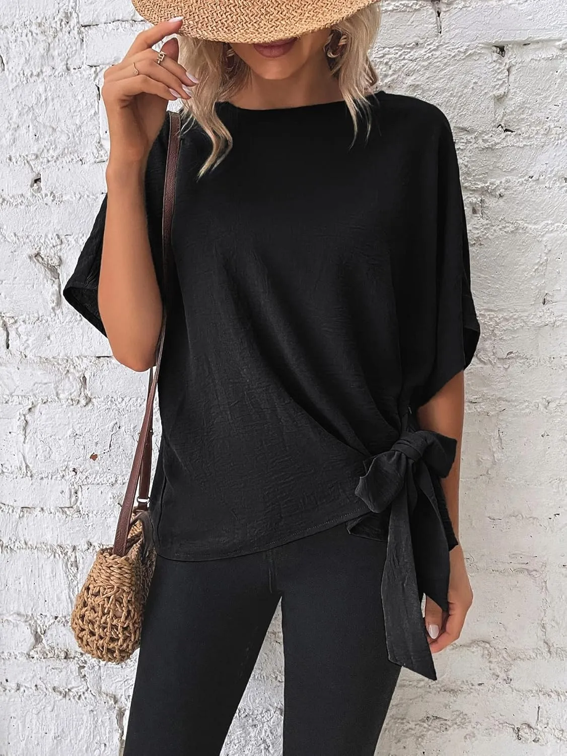 Verdusa Women's Batwing Sleeve Knot Side Round Neck Blouse Shirt Top