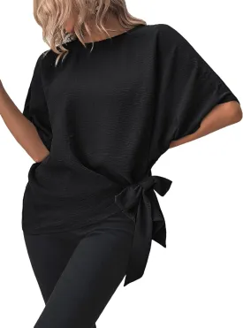 Verdusa Women's Batwing Sleeve Knot Side Round Neck Blouse Shirt Top