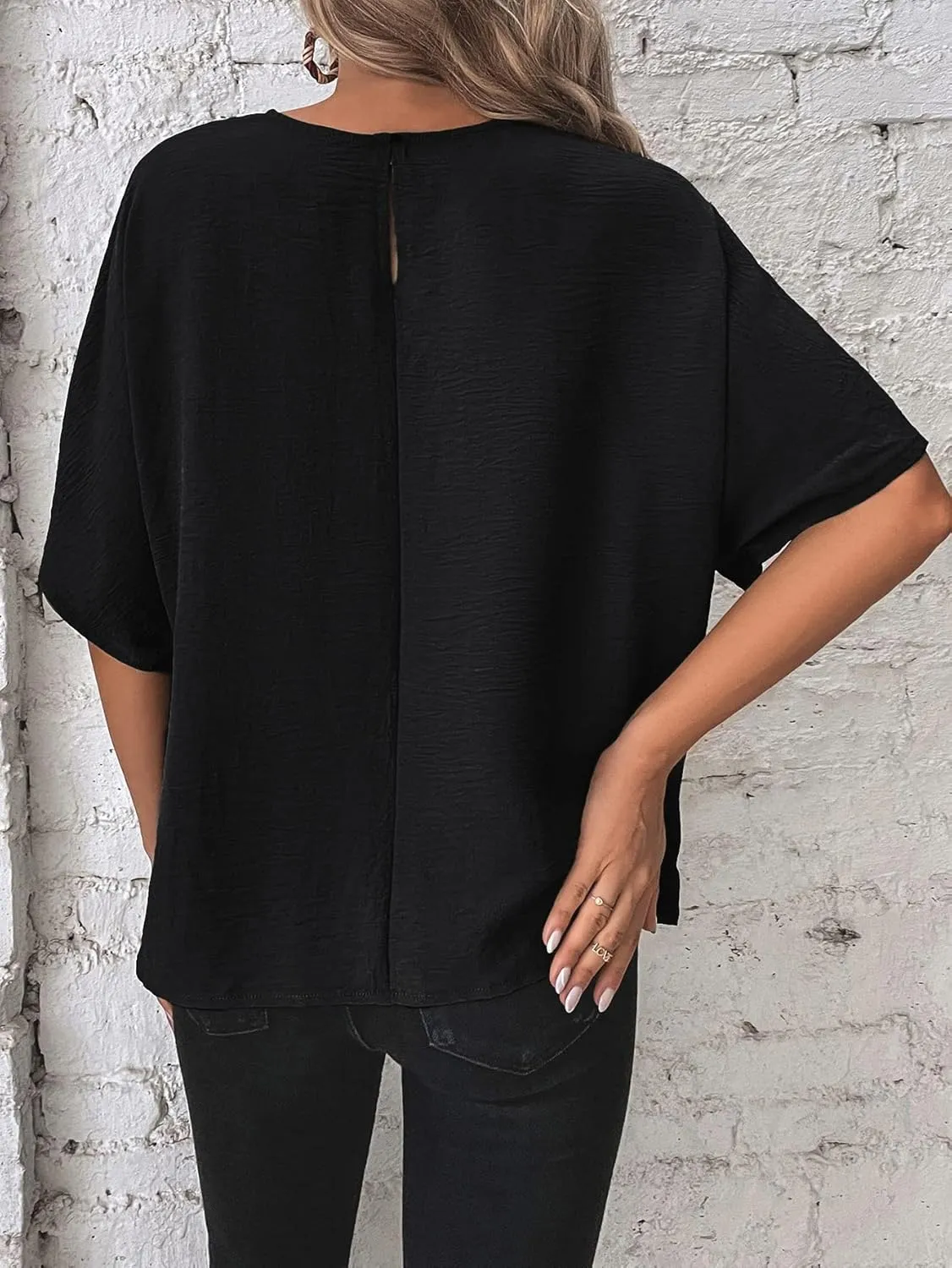 Verdusa Women's Batwing Sleeve Knot Side Round Neck Blouse Shirt Top