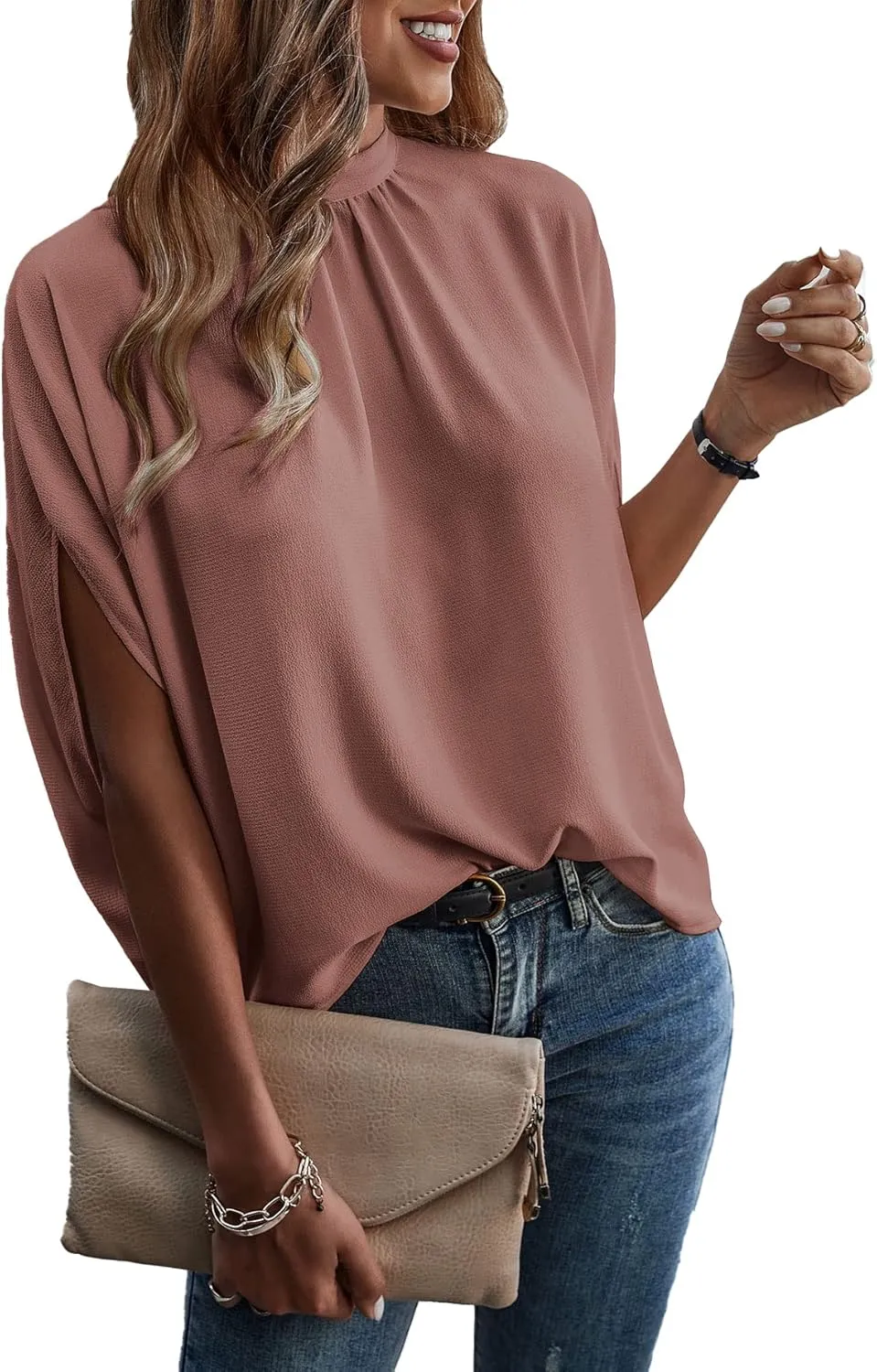 Verdusa Women's Tie Back Dolman Sleeve Blouse Top Casual Mock Neck Going Out Tops