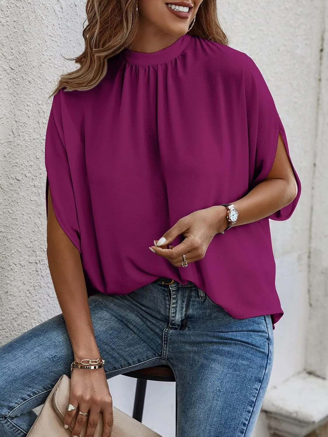 Verdusa Women's Tie Back Dolman Sleeve Blouse Top Casual Mock Neck Going Out Tops