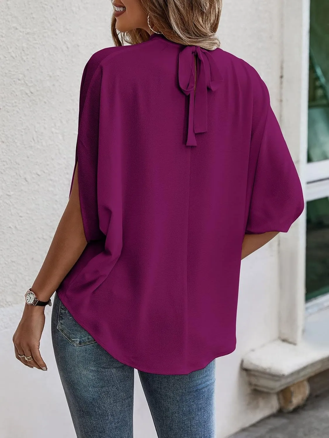 Verdusa Women's Tie Back Dolman Sleeve Blouse Top Casual Mock Neck Going Out Tops