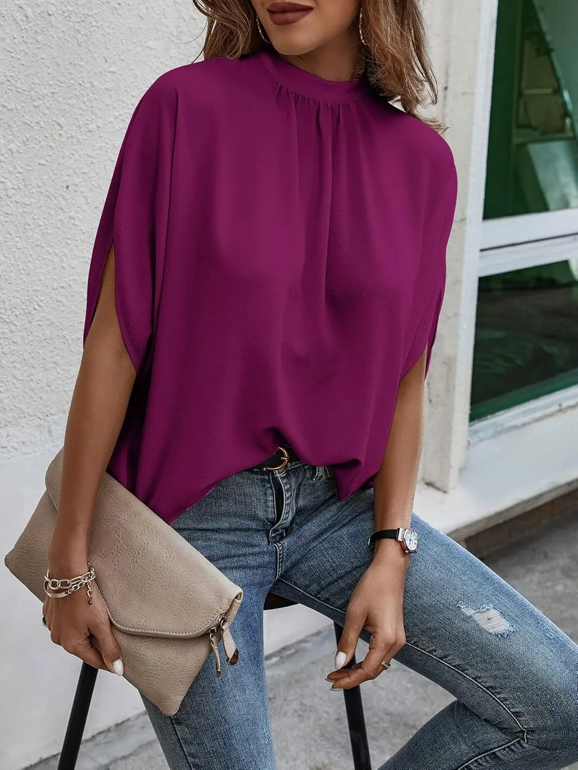 Verdusa Women's Tie Back Dolman Sleeve Blouse Top Casual Mock Neck Going Out Tops