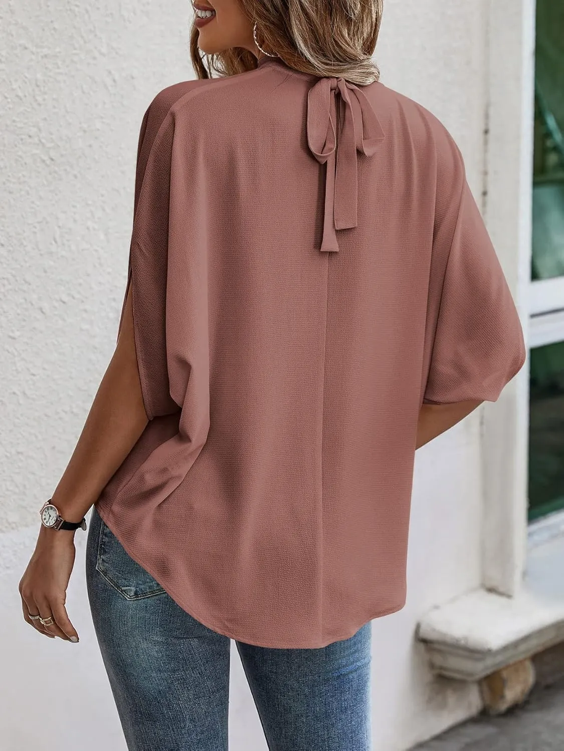 Verdusa Women's Tie Back Dolman Sleeve Blouse Top Casual Mock Neck Going Out Tops