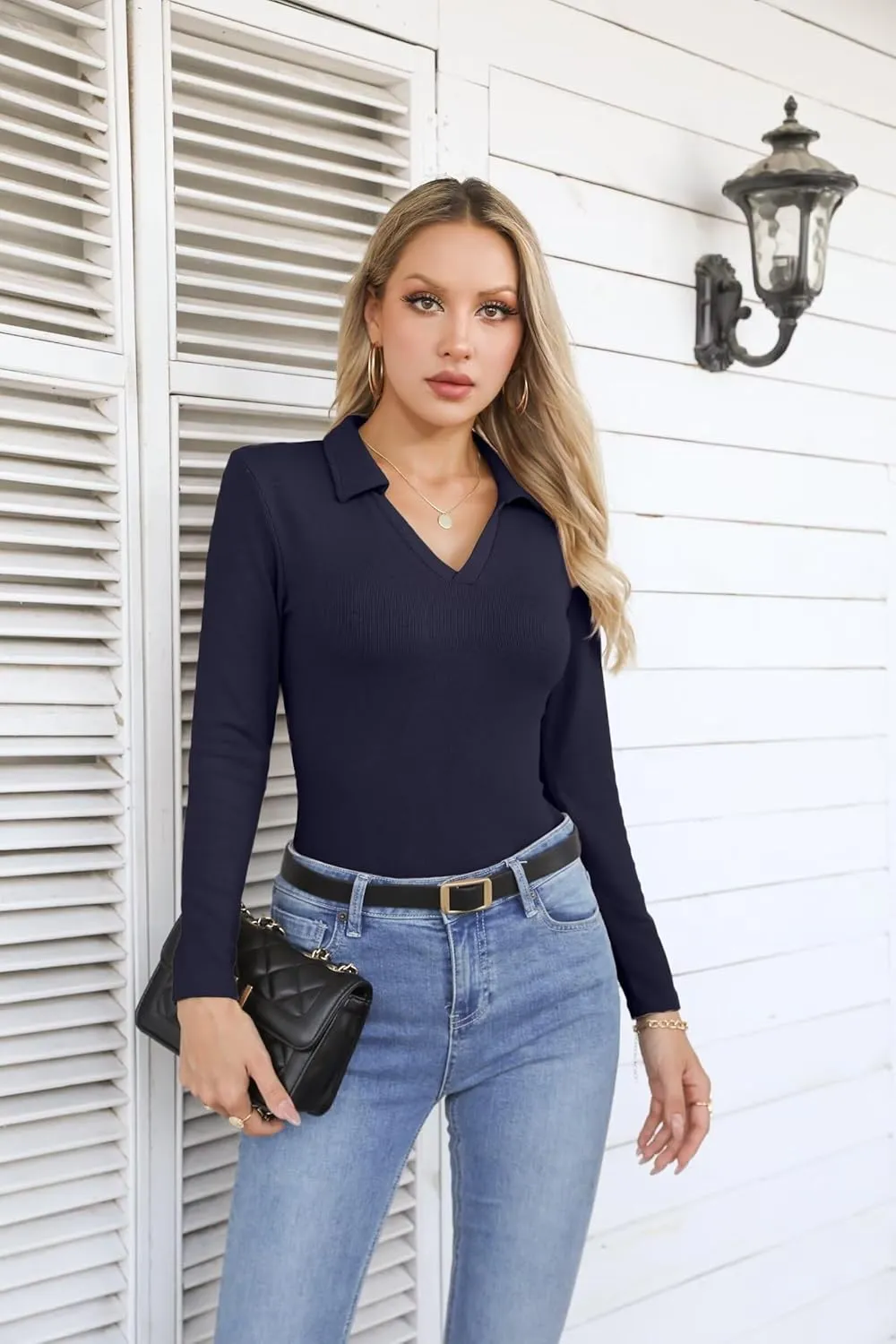VICHYIE Womens Long Sleeve Shirts Lapel V Neck Slim Fitted Ribbed Knit Trendy Tight Polo Tops