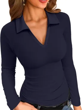 VICHYIE Womens Long Sleeve Shirts Lapel V Neck Slim Fitted Ribbed Knit Trendy Tight Polo Tops