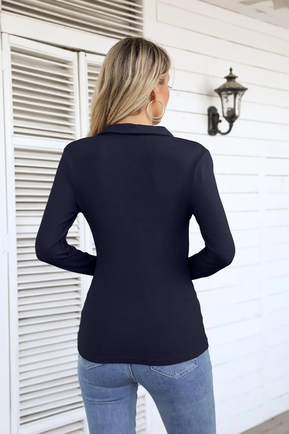 VICHYIE Womens Long Sleeve Shirts Lapel V Neck Slim Fitted Ribbed Knit Trendy Tight Polo Tops