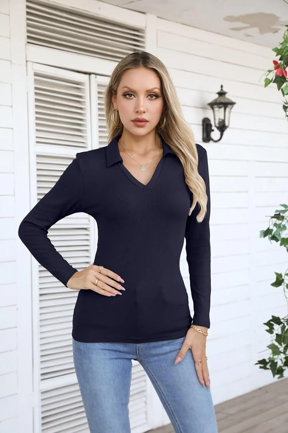VICHYIE Womens Long Sleeve Shirts Lapel V Neck Slim Fitted Ribbed Knit Trendy Tight Polo Tops