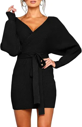 Viottiset Women's V Neck Long Batwing Sleeve Wrap Midi Knit Sweater Dress Elegant Backless with Belt Slit