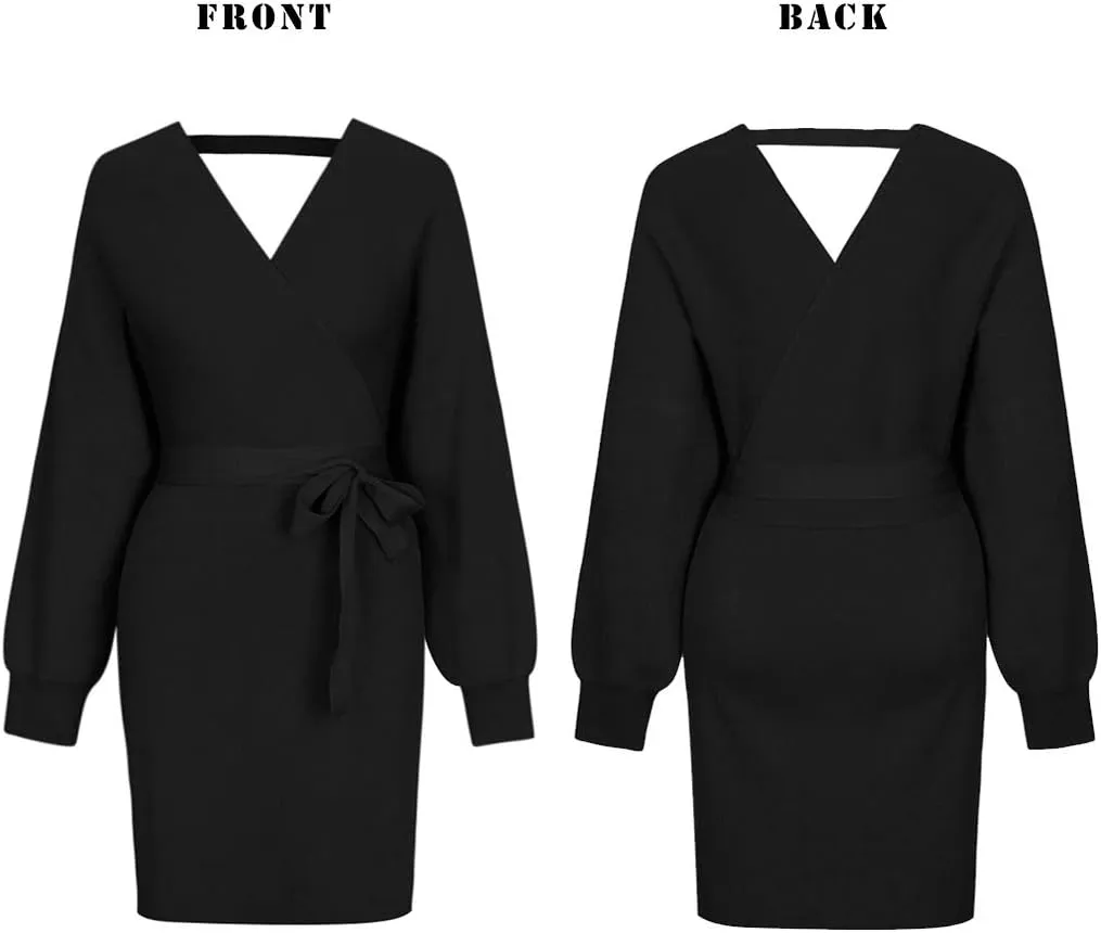 Viottiset Women's V Neck Long Batwing Sleeve Wrap Midi Knit Sweater Dress Elegant Backless with Belt Slit