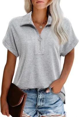 Vivilli Women's Short Sleeve Tops and Blouses Zipper Collar V Neck Business Casual Tops Loose Fit Tunic Shirt Polo Shirts