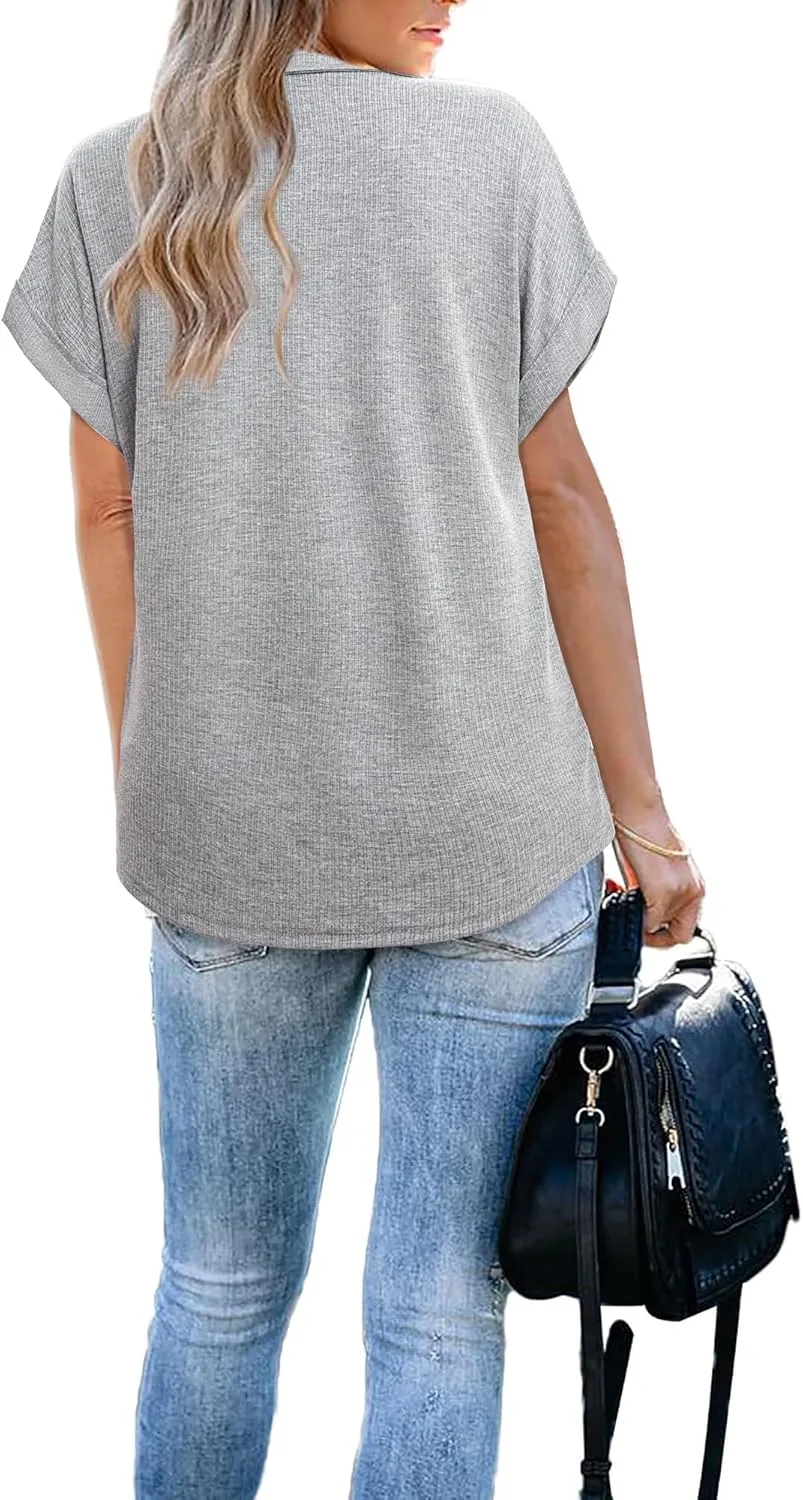 Vivilli Women's Short Sleeve Tops and Blouses Zipper Collar V Neck Business Casual Tops Loose Fit Tunic Shirt Polo Shirts