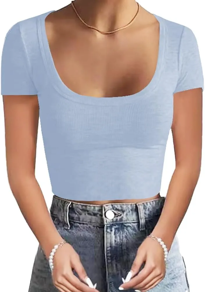 WAYMAKER Women's Casual Short Sleeve Square Neck Summer Tops Ribbed Knit Slim Fit Tee Shirts