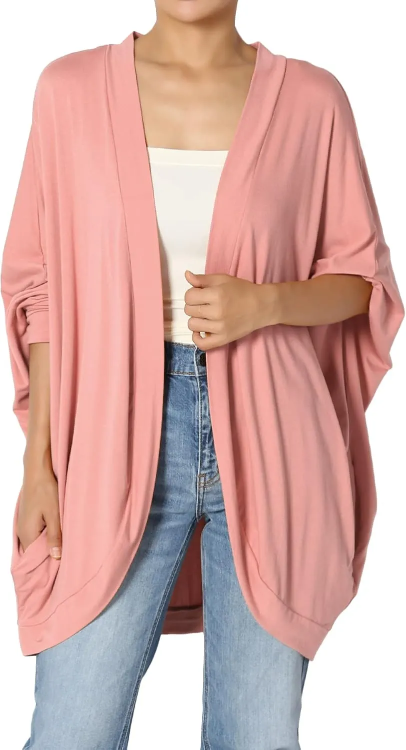 Women's Cocoon Draped Jersey Knit 3/4 Sleeve Oversized Open Front Cardigan