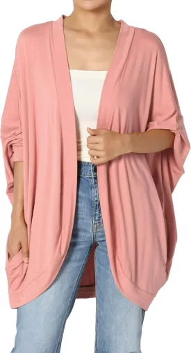 Women's Cocoon Draped Jersey Knit 3/4 Sleeve Oversized Open Front Cardigan