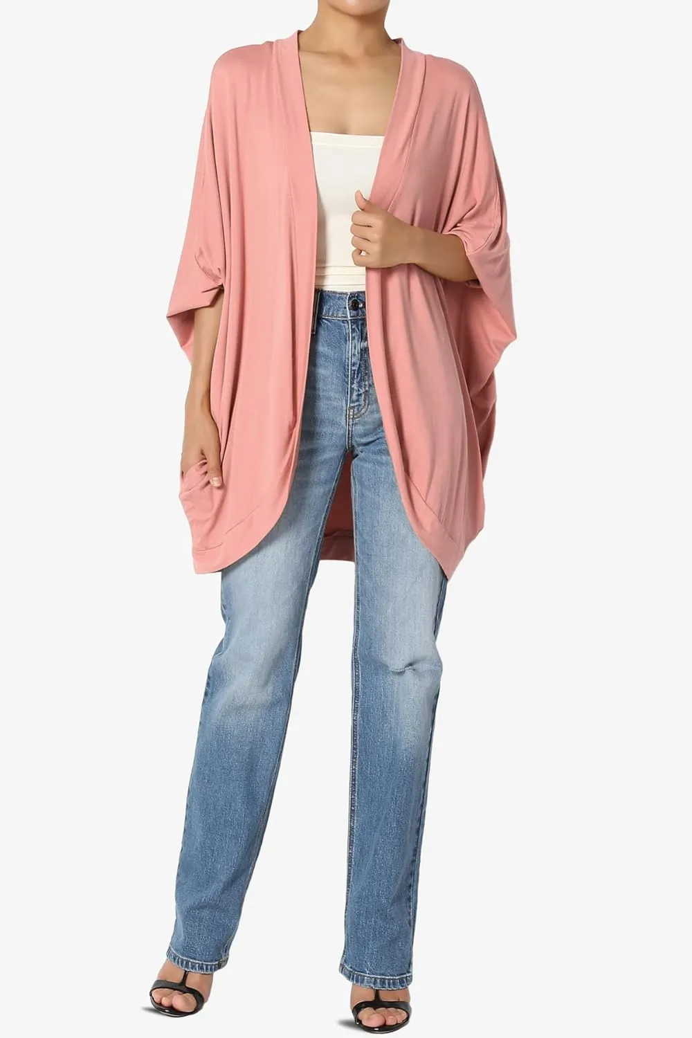 Women's Cocoon Draped Jersey Knit 3/4 Sleeve Oversized Open Front Cardigan