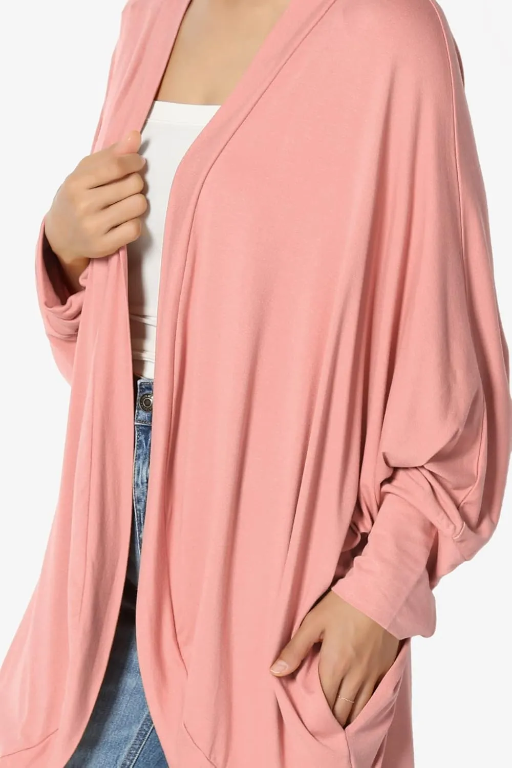 Women's Cocoon Draped Jersey Knit 3/4 Sleeve Oversized Open Front Cardigan