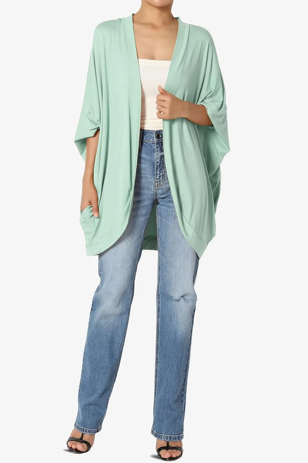 Women's Cocoon Draped Jersey Knit 3/4 Sleeve Oversized Open Front Cardigan