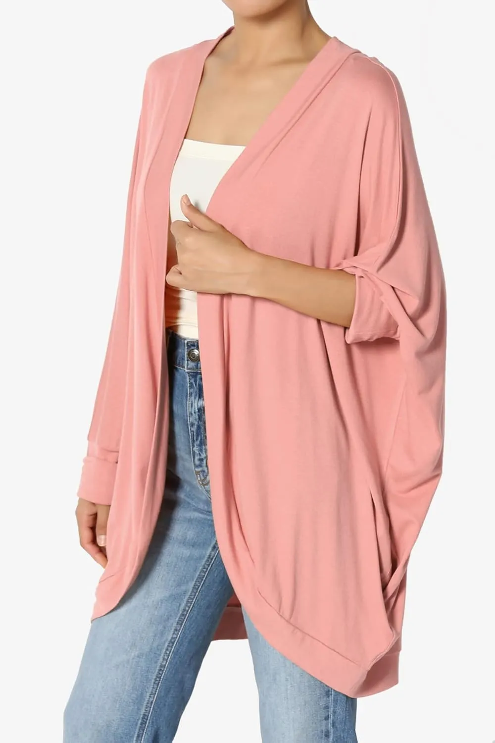 Women's Cocoon Draped Jersey Knit 3/4 Sleeve Oversized Open Front Cardigan