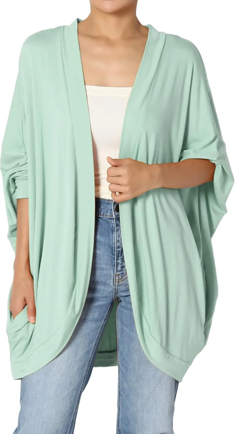 Women's Cocoon Draped Jersey Knit 3/4 Sleeve Oversized Open Front Cardigan