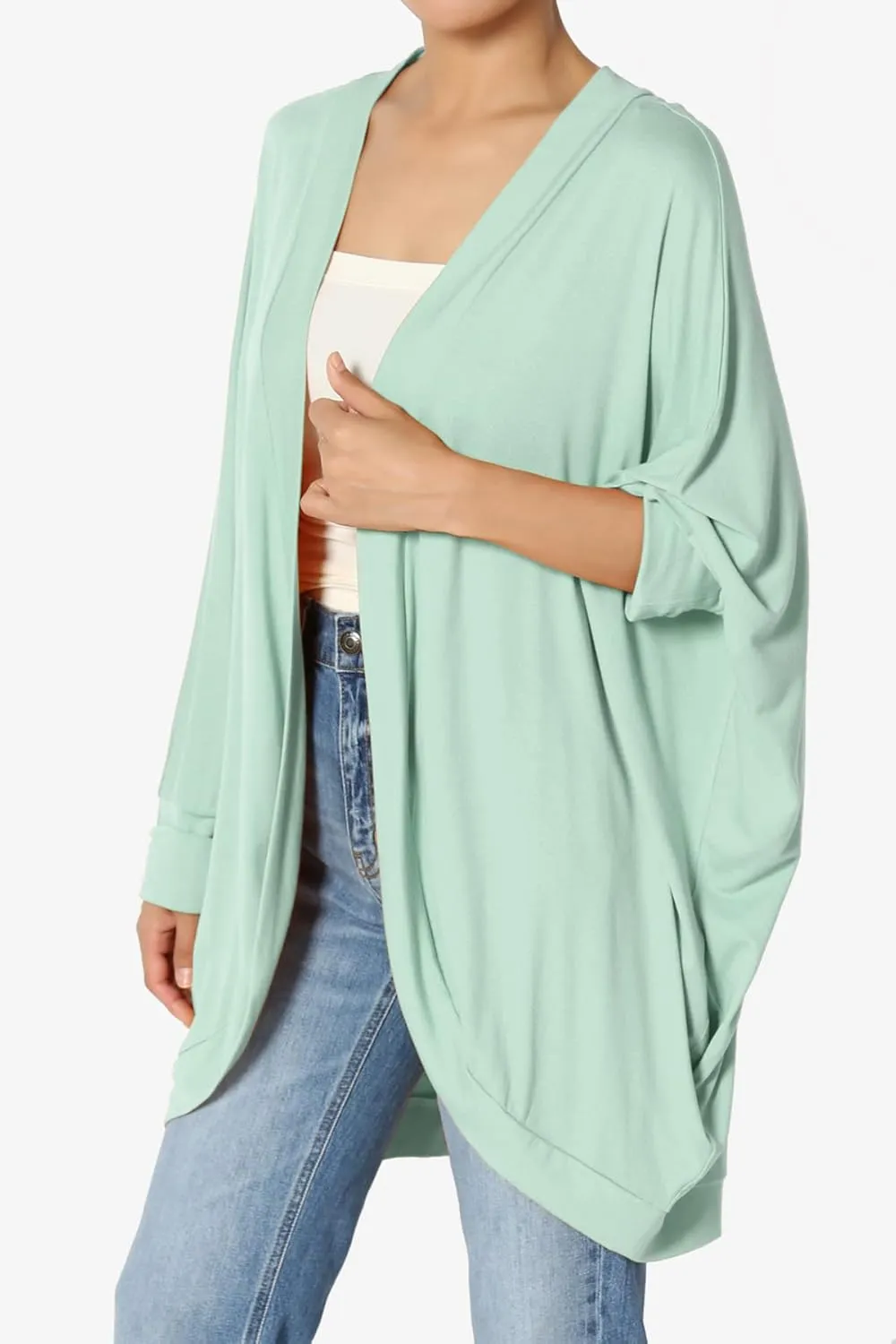 Women's Cocoon Draped Jersey Knit 3/4 Sleeve Oversized Open Front Cardigan