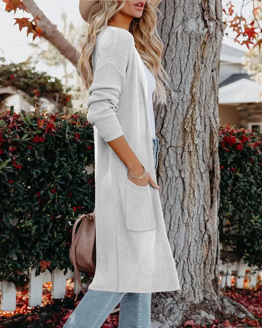 Womens Long Sleeve Open Front Cardigan Sweater Lightweight Knit Casual Loose Fit Sweaters Outerwear with Pockets