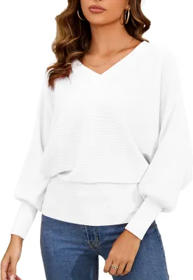 Women's Oversized V Neck Fuzzy Sweaters 2025 Casual Loose Long Sleeve Chunky Knit Pullover Jumper Tops