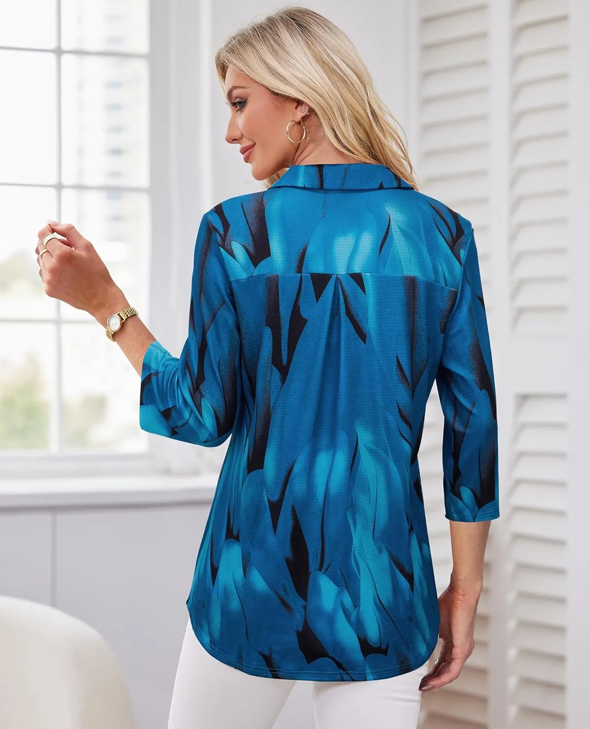 Womens Spring Tunic Tops 2025 3/4 Sleeve Polo Shirts V Neck Collared Tops Business Casual Work Blouses Dressy