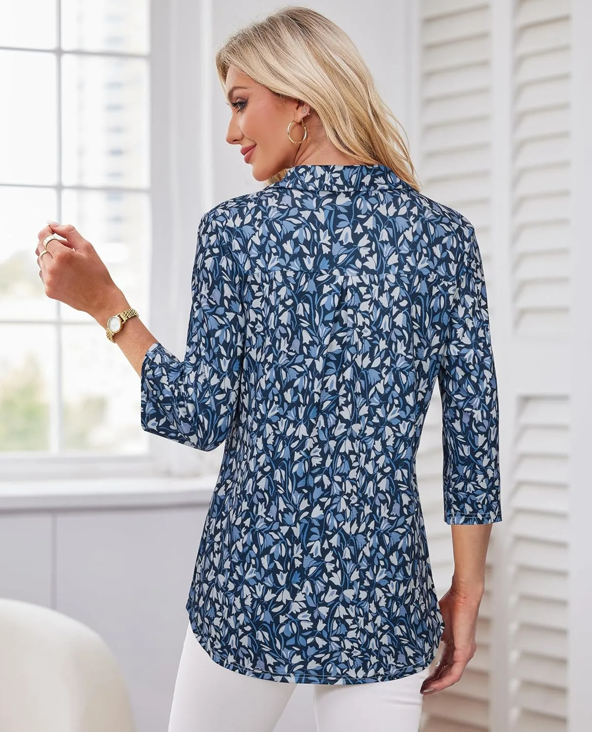 Womens Spring Tunic Tops 2025 3/4 Sleeve Polo Shirts V Neck Collared Tops Business Casual Work Blouses Dressy