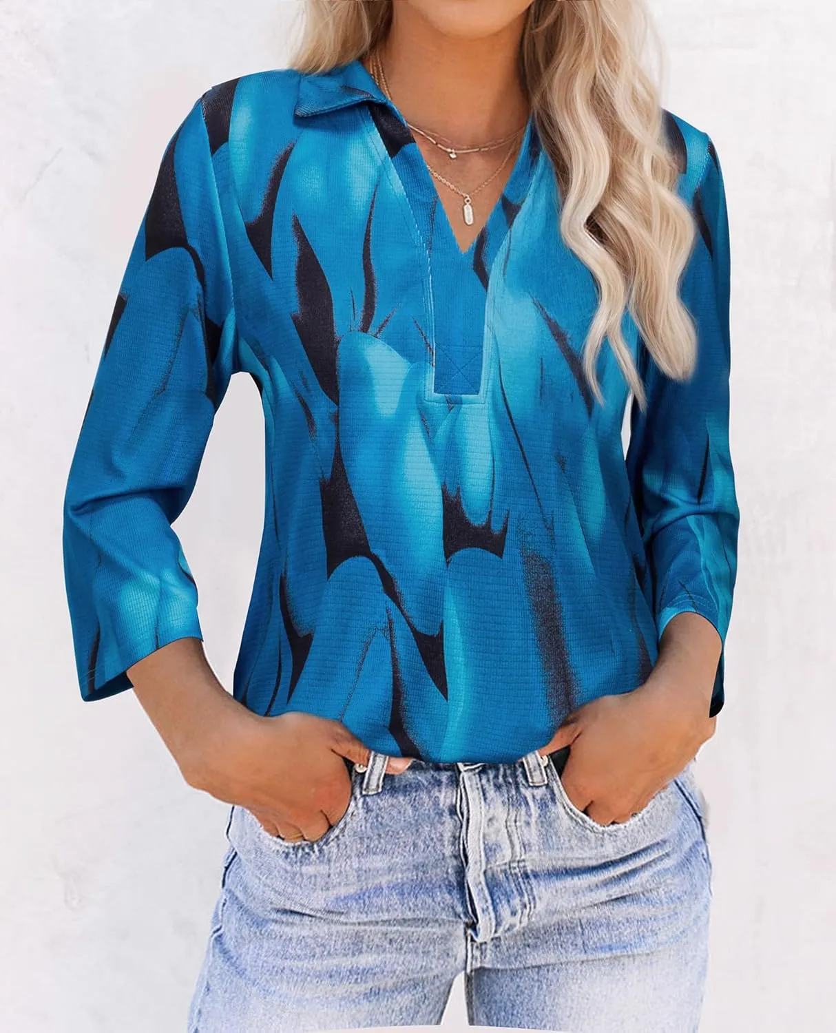Womens Spring Tunic Tops 2025 3/4 Sleeve Polo Shirts V Neck Collared Tops Business Casual Work Blouses Dressy
