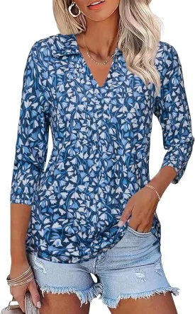 Womens Spring Tunic Tops 2025 3/4 Sleeve Polo Shirts V Neck Collared Tops Business Casual Work Blouses Dressy