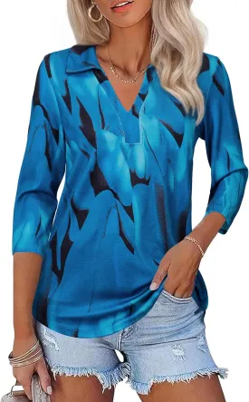 Womens Spring Tunic Tops 2025 3/4 Sleeve Polo Shirts V Neck Collared Tops Business Casual Work Blouses Dressy