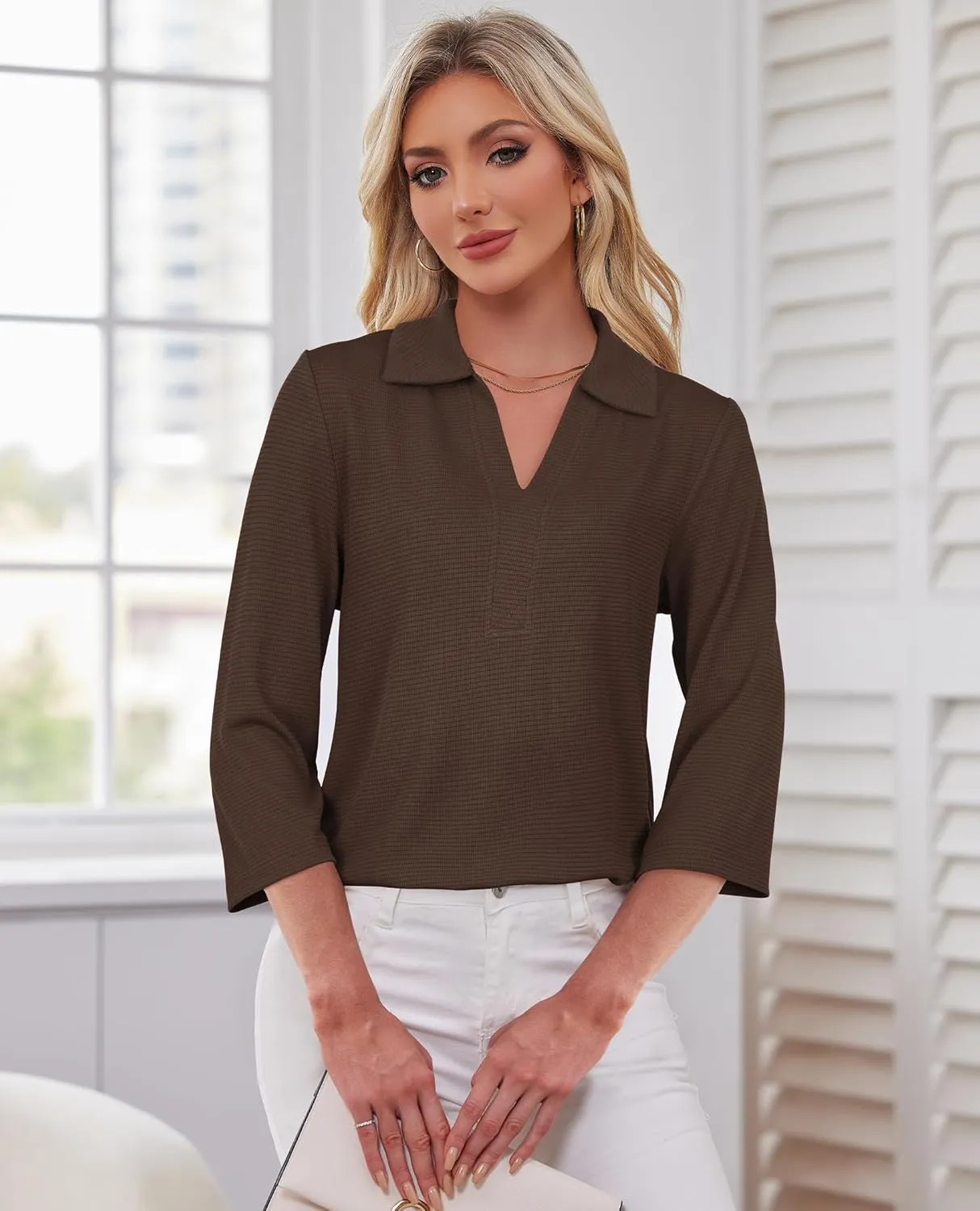 Womens Spring Tunic Tops 2025 3/4 Sleeve Polo Shirts V Neck Collared Tops Business Casual Work Blouses Dressy