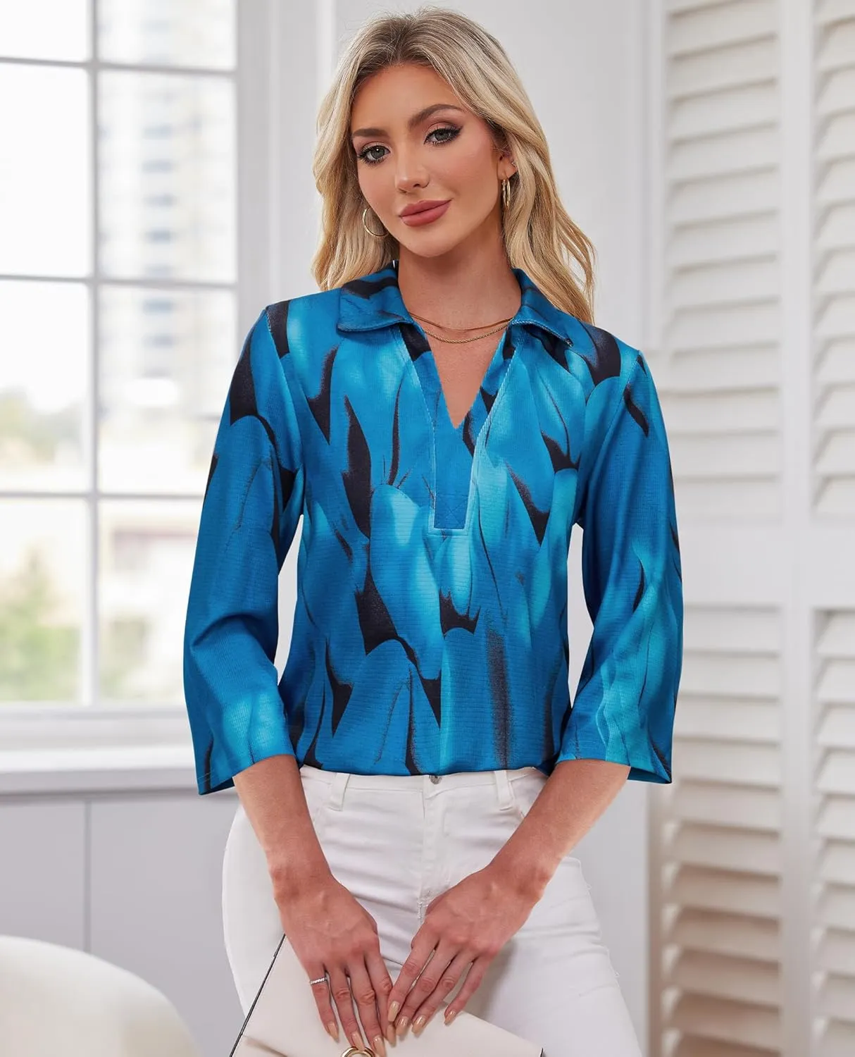 Womens Spring Tunic Tops 2025 3/4 Sleeve Polo Shirts V Neck Collared Tops Business Casual Work Blouses Dressy