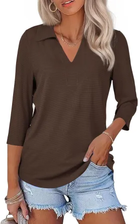 Womens Spring Tunic Tops 2025 3/4 Sleeve Polo Shirts V Neck Collared Tops Business Casual Work Blouses Dressy