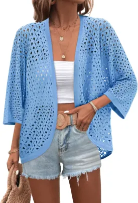 Zeagoo Womens Summer Crochet Cardigan Sweaters Lightweight Open Front 3/4 Sleeve Batwing Kimono Boho Knit Cover Ups 2025