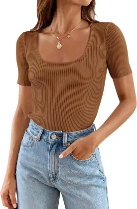 ZESICA Women's 2025 Short Sleeve Square Neck T Shirts Slim Fitted Summer Ribbed Knit Basic Casual Tee Tops